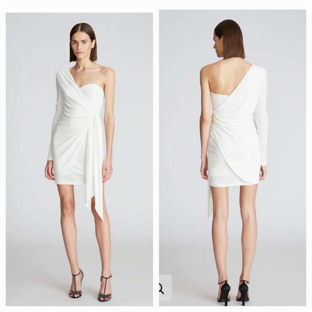 NWOT HALSTON Ashlynn Assymteric Wrap Mini Dress In Matte Jersey White 2